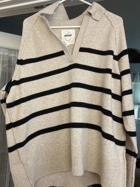 Aerie unreal polo sweater size s/p Fawn striped oversized slouchy